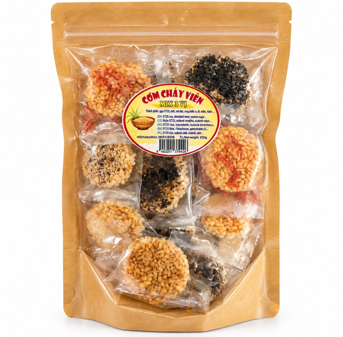 Cơm cháy viên mix 3 vị gói 220g (ht)